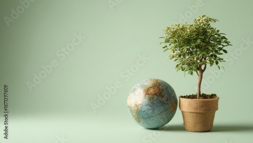 Earth globe and small plant on a pale green background