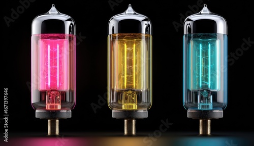 Three vintage-style light bulbs in vibrant colors