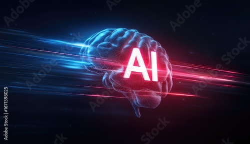 3D brain with AI text, glowing neon streaks