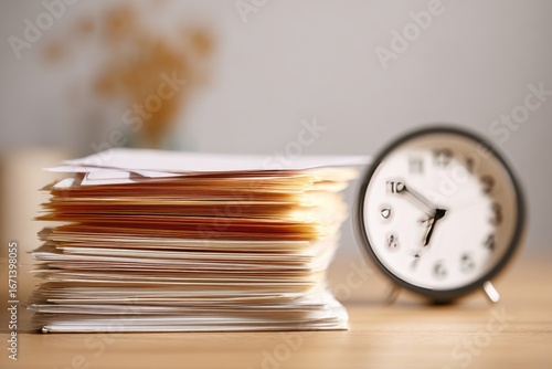 Stack of documents, clock on desk