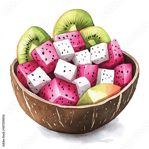 a cute Fresh dragon fruit salad in a coconut shell
