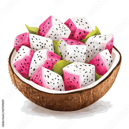 a cute Fresh dragon fruit salad in a coconut shell