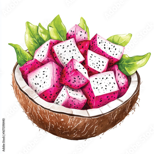 a cute Fresh dragon fruit salad in a coconut shell