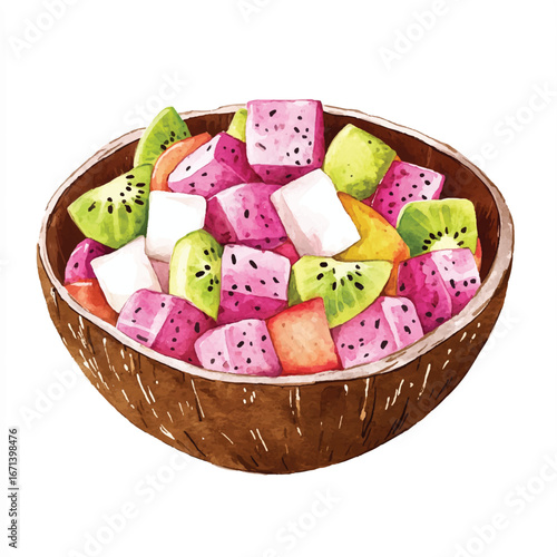 a cute Fresh dragon fruit salad in a coconut shell