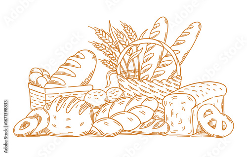 Various types of bread and bakery products in a rustic setting with wheat in a basket