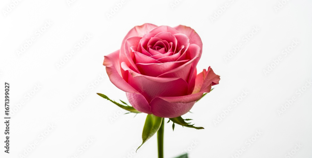 Obraz premium A single pink rose blossom with green stem isolated on a white background, expressing purity, tenderness, and a sense of classic natural beauty.