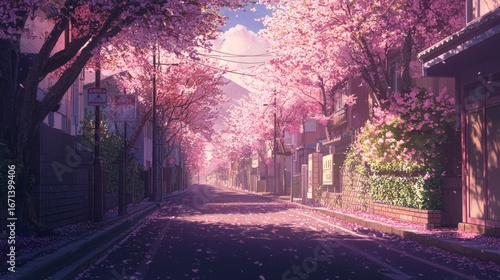 Sunny street lined with blooming cherry blossom trees.