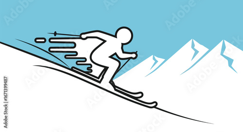 Illustration of a skier skiing down a mountain slope in winter season