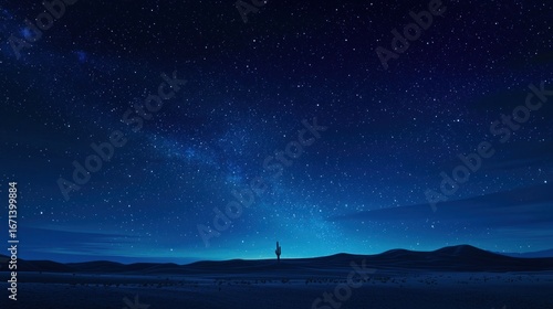 Solitary figure silhouetted against a breathtaking starry night sky over a vast desert landscape.