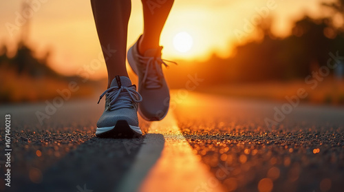Close-up of sneakers on asphalt during sunrise
