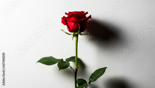 Wallpaper Mural Single red rose with stem and leaves on a white background casting shadow, creating a simple yet elegant floral scene full of romance and timeless charm. Torontodigital.ca