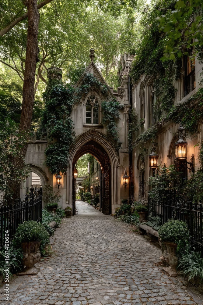 Fototapeta premium Stone archway, garden path, ancient charm