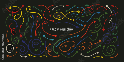 A vibrant collection of hand drawn colorful arrows and directional symbols on a dark background