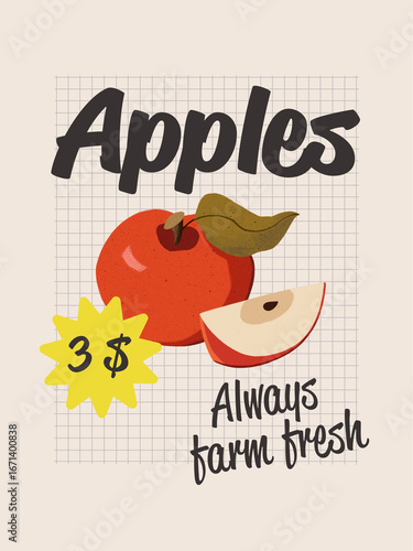 Vintage poster in a postmodern style with minimal design and illustrated red apples. Fruit vintage artwork