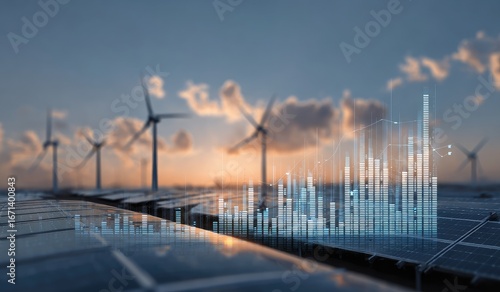 Sunrise over solar and wind farms, overlaid with financial data