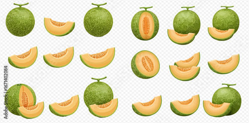 Collection of whole and sliced cantaloupe melons, showcasing their vibrant green rind and sweet orange flesh.