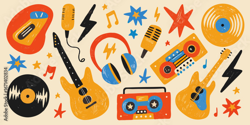 Retro music collage featuring guitars microphones headphones cassette player and vinyl records