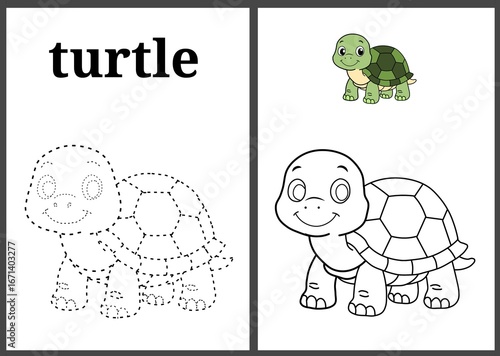 A fun and educational worksheet for kids, featuring cute cartoon turtles. Includes dot-to-dot activities, outlines for coloring, and illustrated examples. Perfect for preschool, kindergarten, and home