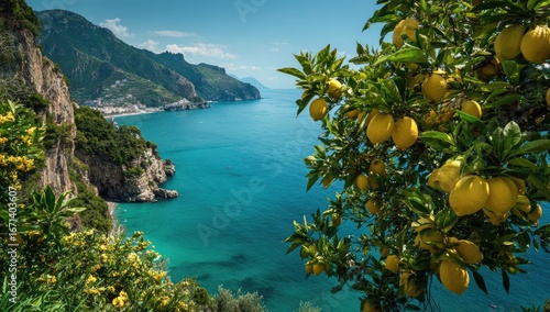 Coastal lemon grove, Italy; seaside view; summer vacation postcard