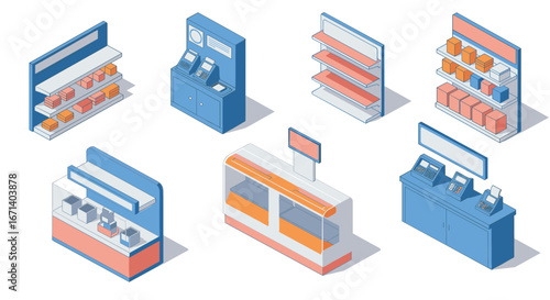 Isometric retail store furniture and equipment set with shelves and counters
