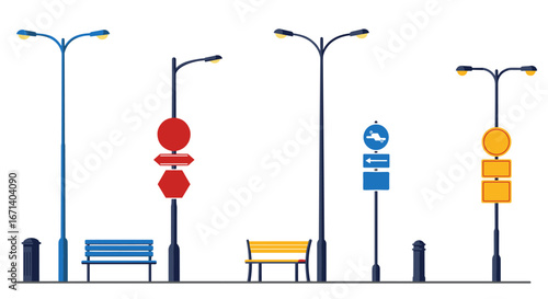 Urban street elements with benches, signs, and lamps in a minimalistic flat design