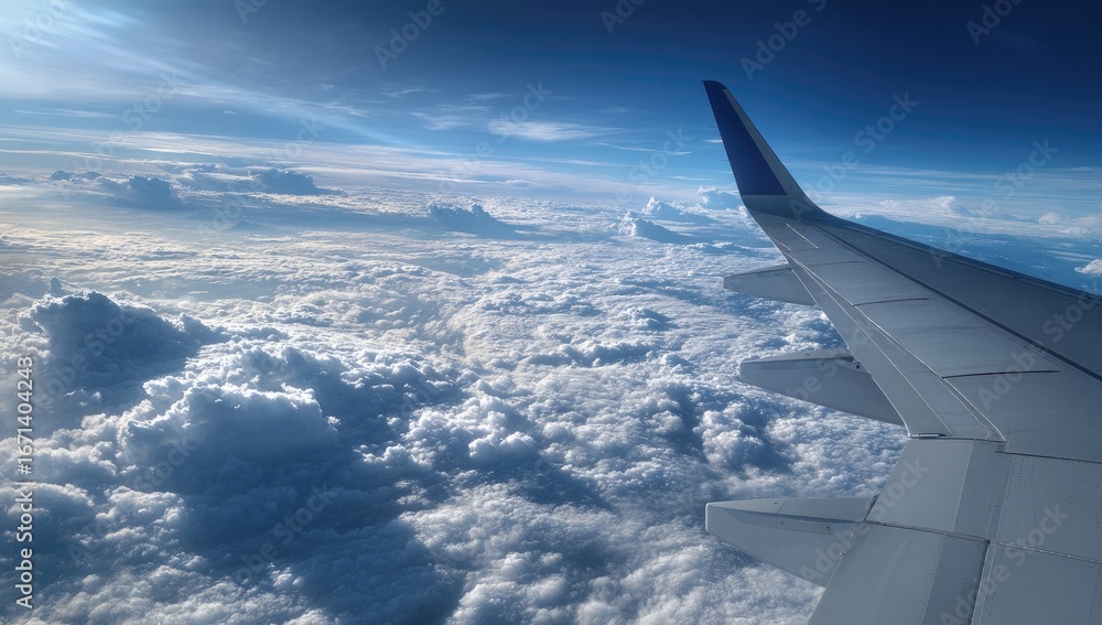 Obraz premium Airplane wing over a vast expanse of clouds. Sunlight streams through the atmosphere
