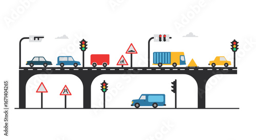 Urban road infrastructure concept with traffic signs and vehicles in flat design