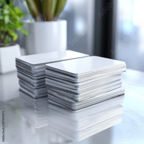 Two stacks of blank business cards on a table