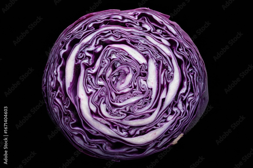 Obraz premium top view of cut red cabbage with vibrant purple veins and layered structure resembling abstract art concept of nutrition vegetable styling and wellness promotion