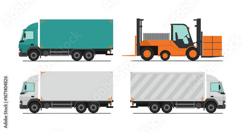 Flat design trucks and forklift set for logistics and transportation themed projects