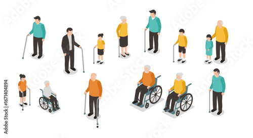 Isometric elderly and family figures with mobility aids