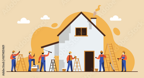 Team of construction workers renovating a house in flat design on a cloudy day