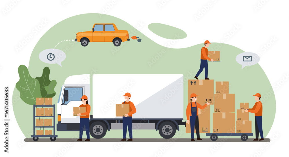 Fototapeta premium Efficient package delivery concept with workers and trucks in flat design
