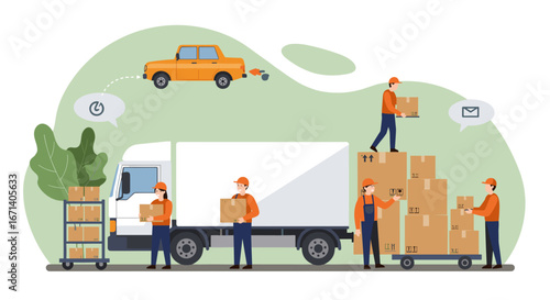 Efficient package delivery concept with workers and trucks in flat design