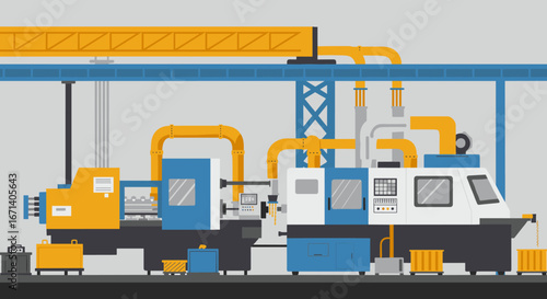 Modern industrial factory equipment with conveyor and machinery in flat design