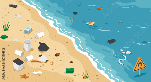 Beach pollution with plastic waste and ocean debris in a flat style scene