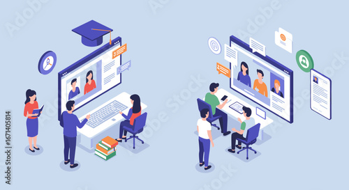 Remote learning and video conferencing in isometric style for education and business
