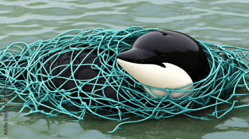 An orca is trapped in a fishing net. It symbolizes marine pollution.