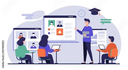 Online learning concept with virtual classroom and remote teacher