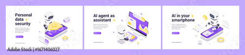 Artificial intelligence robot with personal data protection, security shield, mobile technology, automation process, innovation, digital network, modern isometric web banner vector illustration