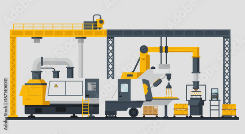 Modern industrial factory machines with robotics and automation in flat design