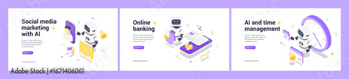 Modern isometric web banner set with AI robot, mobile interface, finance, social media, automation, time management, business analytics, data visualization, digital innovation, technology design