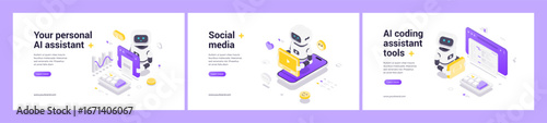 Futuristic isometric web banner set with AI robot, coding automation, social media communication, personal assistant features, business analytics, digital interface, modern technology concept