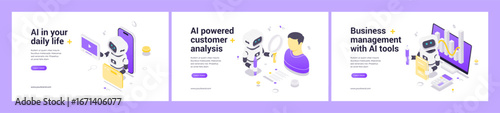 Modern isometric web banner set with AI robot, data analytics, business management, customer analysis, daily life technology, automation, digital interface, growth charts, futuristic design