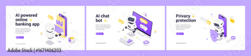 Isometric web banners featuring AI robots for online banking automation, chatbot communication, and privacy protection with digital security icons and futuristic technology design elements.