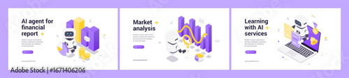 Isometric web banners featuring AI robot for financial reports, market trend analysis, and AI-driven learning services with digital data visualization and futuristic technology elements.