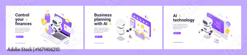Isometric web banners featuring AI robots managing finances, business planning, and technology integration with digital interfaces and modern automated solutions for future-ready businesses.