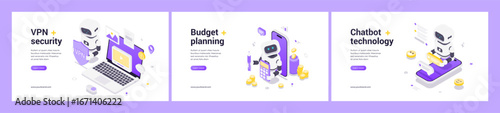 Isometric web banners featuring AI robots illustrating VPN security, budget planning tools, and chatbot communication technologies for advanced digital protection and automation workflows.