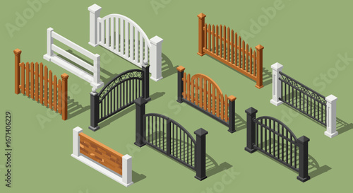 Isometric fence collection: diverse designs of wooden, metal, and decorative gates on green background