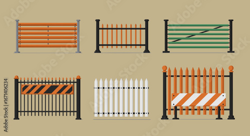 Set of various flat style fences in different colors and designs on beige background